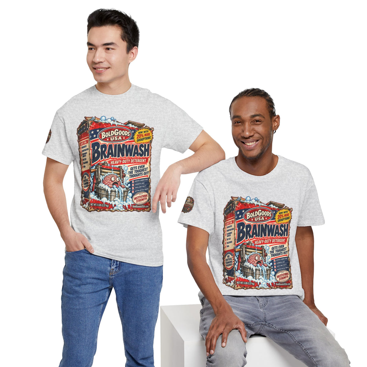 Brainwash Political Satire T-Shirt | Front Print + Sleeve Logo