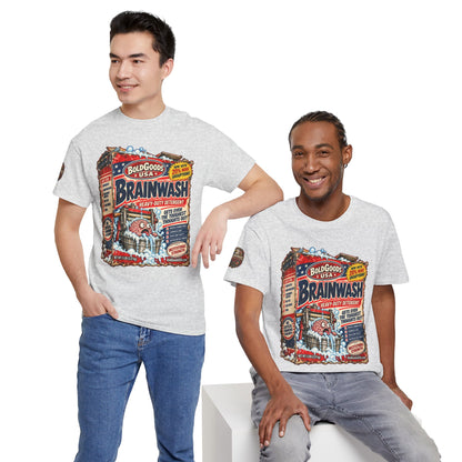 Brainwash Political Satire T-Shirt | Front Print + Sleeve Logo
