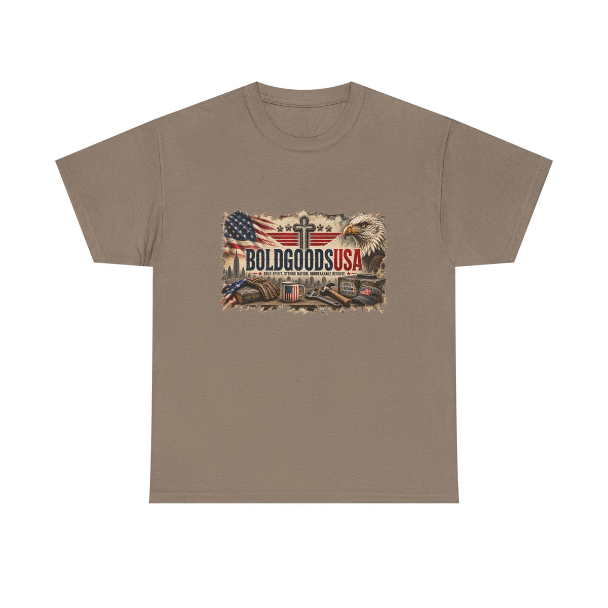 BoldGoods Faith, Freedom & America – Christian Patriotic Graphic T-Shirt | Front Print + Sleeve Logo