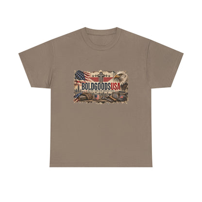 BoldGoods Faith, Freedom & America – Christian Patriotic Graphic T-Shirt | Front Print + Sleeve Logo