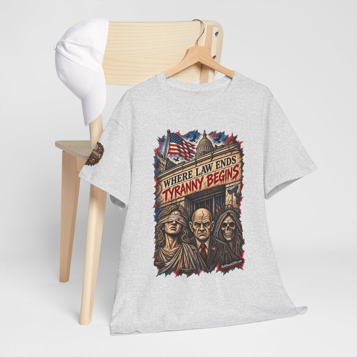 Where Law Ends, Tyranny Begins – Political Satire Graphic T-Shirt | Front Print + Sleeve Logo
