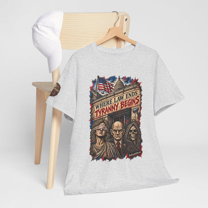 Where Law Ends, Tyranny Begins – Graphic T-Shirt | Front Print + Sleeve Logo