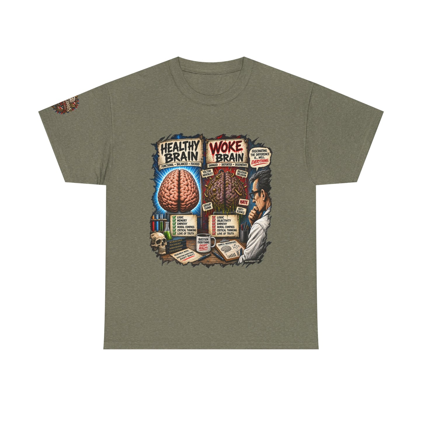 Woke Brain – Political Satire Graphic T-Shirt | Front Print + Sleeve Logo