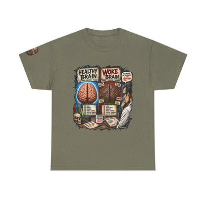 Woke Brain – Political Satire Graphic T-Shirt | Front Print + Sleeve Logo