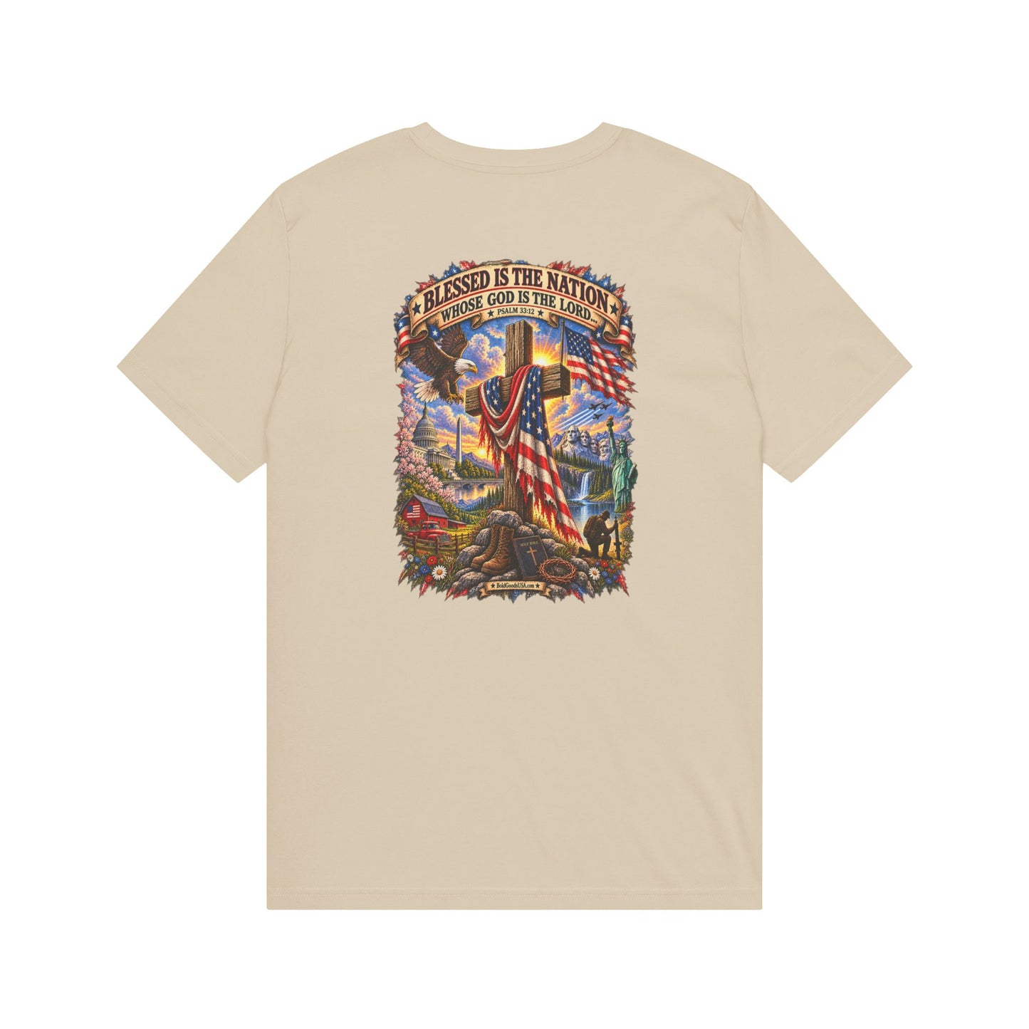 Blessed Is The Nation – Christian Patriotic Graphic T-Shirt | Back Print + Chest Logo