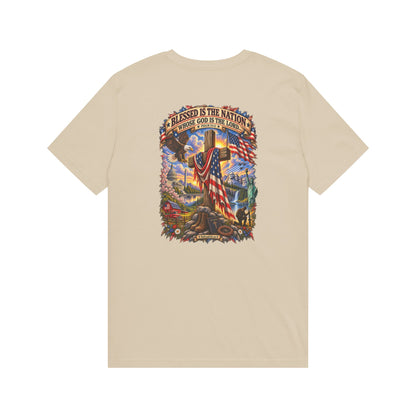 Blessed Is The Nation – Christian Patriotic Graphic T-Shirt | Back Print + Chest Logo
