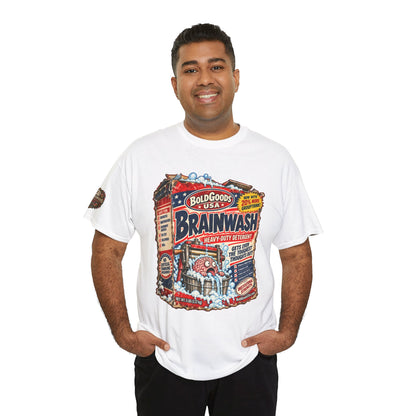Brainwash Political Satire T-Shirt | Front Print + Sleeve Logo
