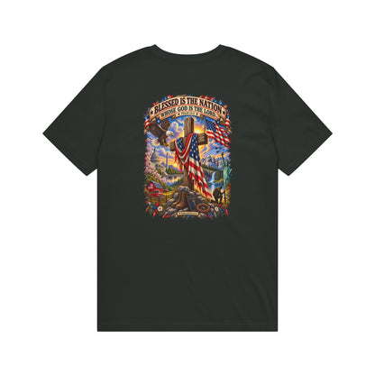 Blessed Is The Nation – Christian Patriotic Graphic T-Shirt | Back Print + Chest Logo