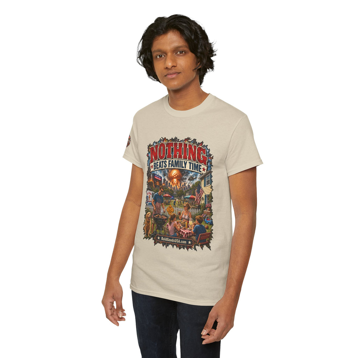Nothing Beats Family Time – Front Print + Sleeve Logo T-Shirt