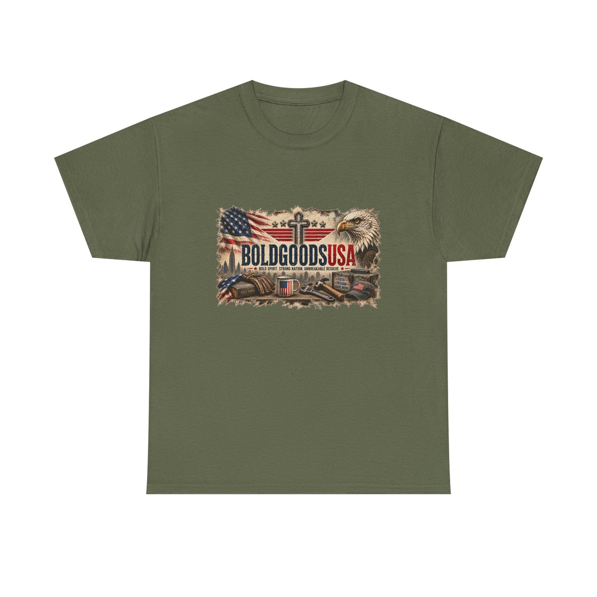 BoldGoods Faith, Freedom & America – Christian Patriotic Graphic T-Shirt | Front Print + Sleeve Logo