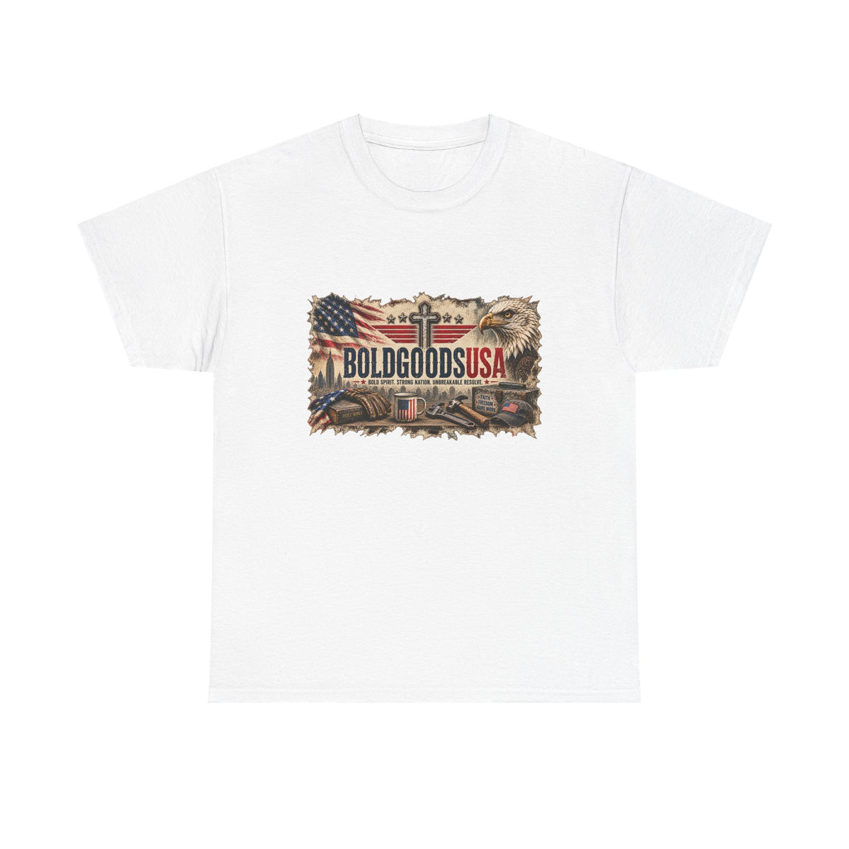 BoldGoods Faith, Freedom & America – Christian Patriotic Graphic T-Shirt | Front Print + Sleeve Logo