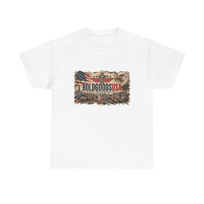 BoldGoods Faith, Freedom & America – Christian Patriotic Graphic T-Shirt | Front Print + Sleeve Logo