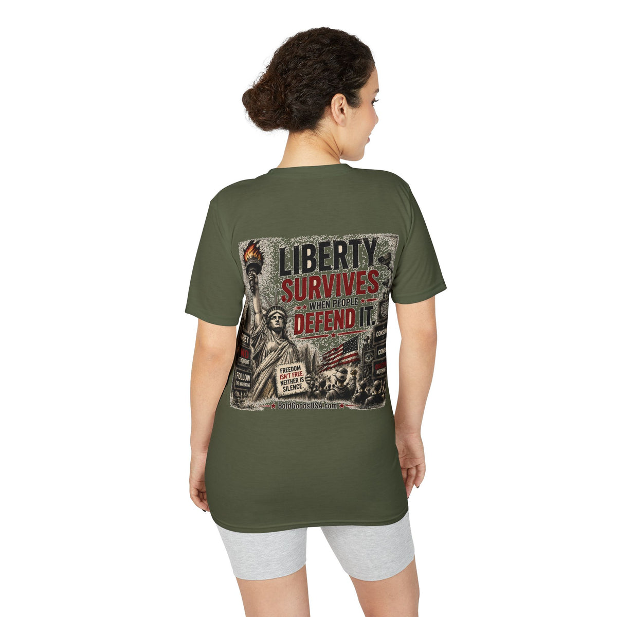 Liberty Survives When Defended – Patriotic Freedom Graphic T-Shirt | Back Print + Sleeve Logo