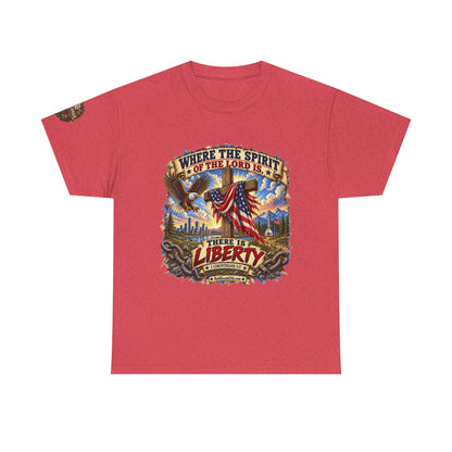Where the Spirit of the Lord Is… There Is Liberty – Christian Patriotic Graphic T-Shirt | Front Print + Sleeve Logo