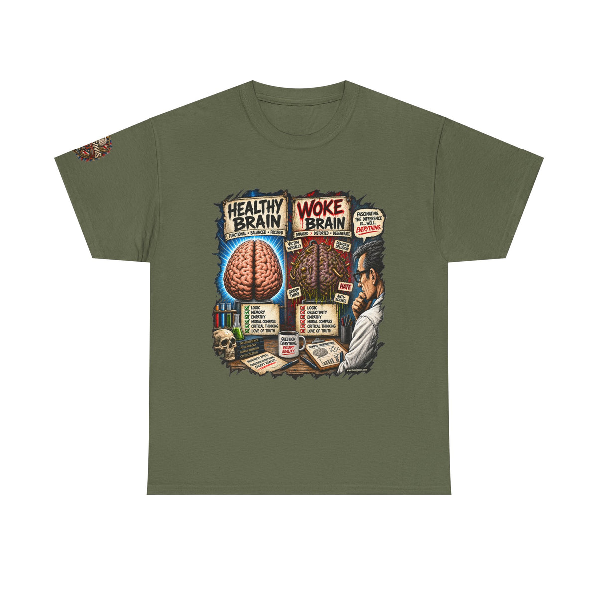 Woke Brain – Political Satire Graphic T-Shirt | Front Print + Sleeve Logo