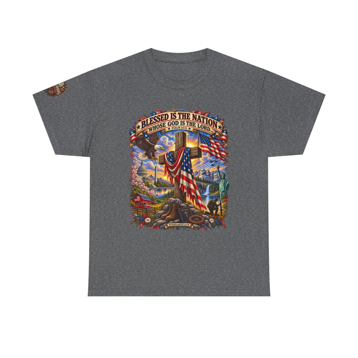 Blessed Is the Nation – Christian Patriotic Graphic T-Shirt | Front Print + Sleeve Logo