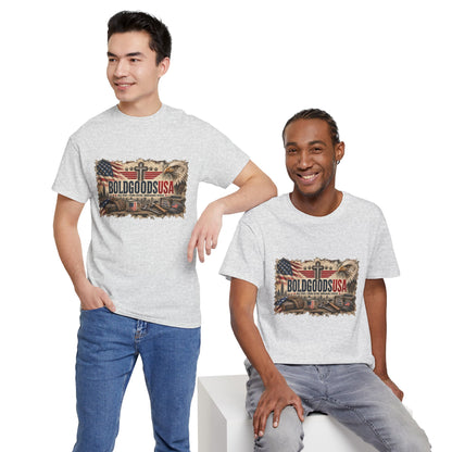 BoldGoods Faith, Freedom & America – Christian Patriotic Graphic T-Shirt | Front Print + Sleeve Logo
