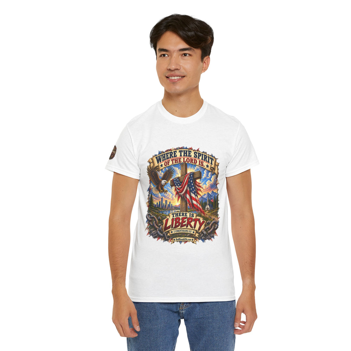 Where the Spirit of the Lord Is… There Is Liberty – Christian Patriotic Graphic T-Shirt | Front Print + Sleeve Logo
