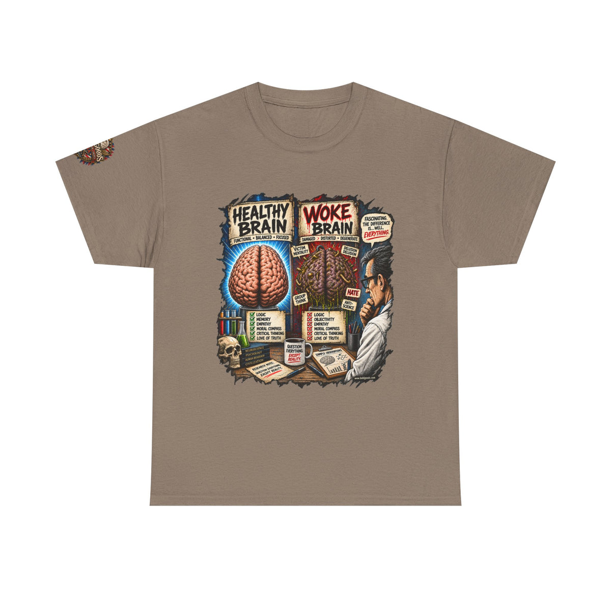 Woke Brain – Political Satire Graphic T-Shirt | Front Print + Sleeve Logo