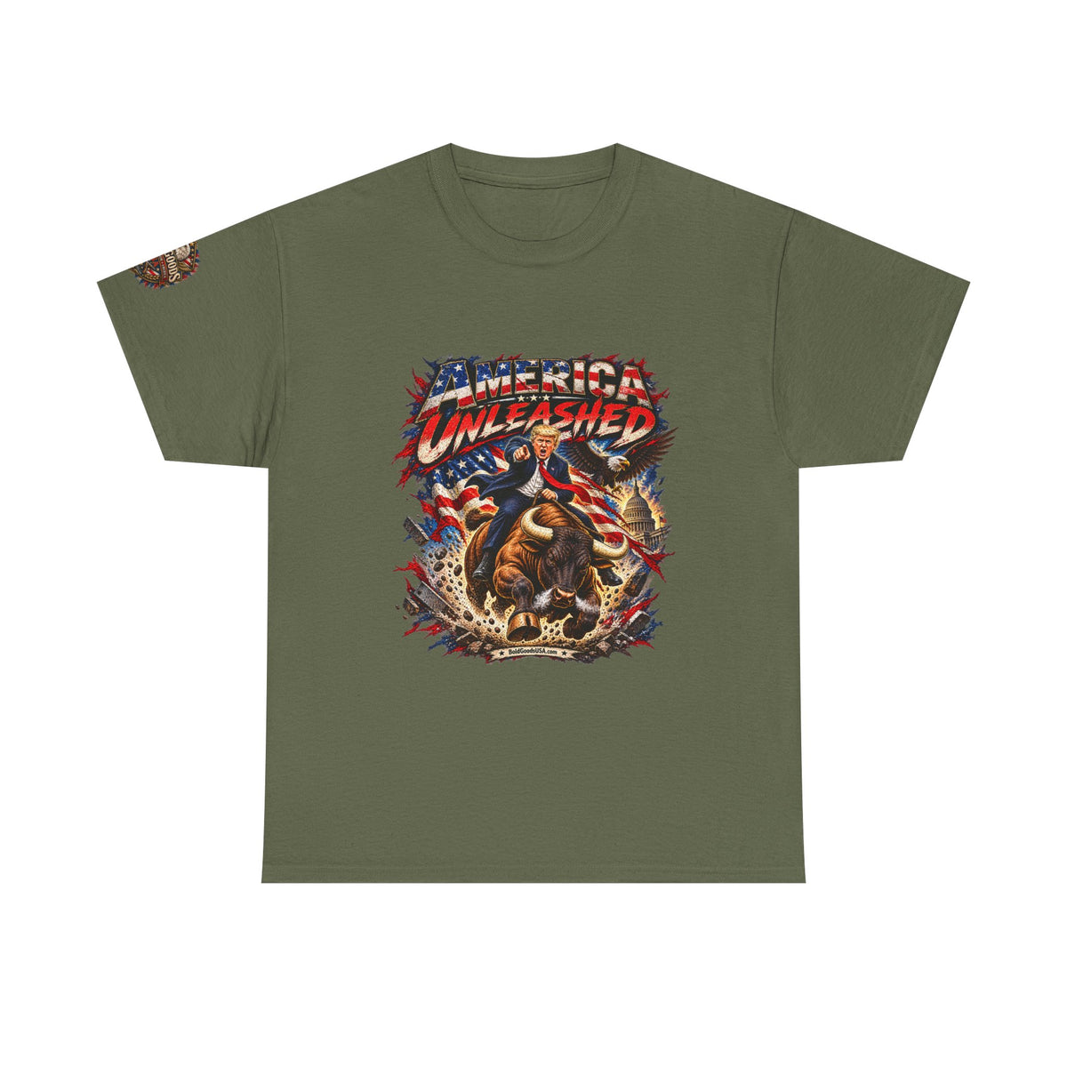 America Unleashed – Patriotic Graphic T-Shirt | Front Print + Sleeve Logo