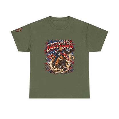 America Unleashed – Patriotic Graphic T-Shirt | Front Print + Sleeve Logo