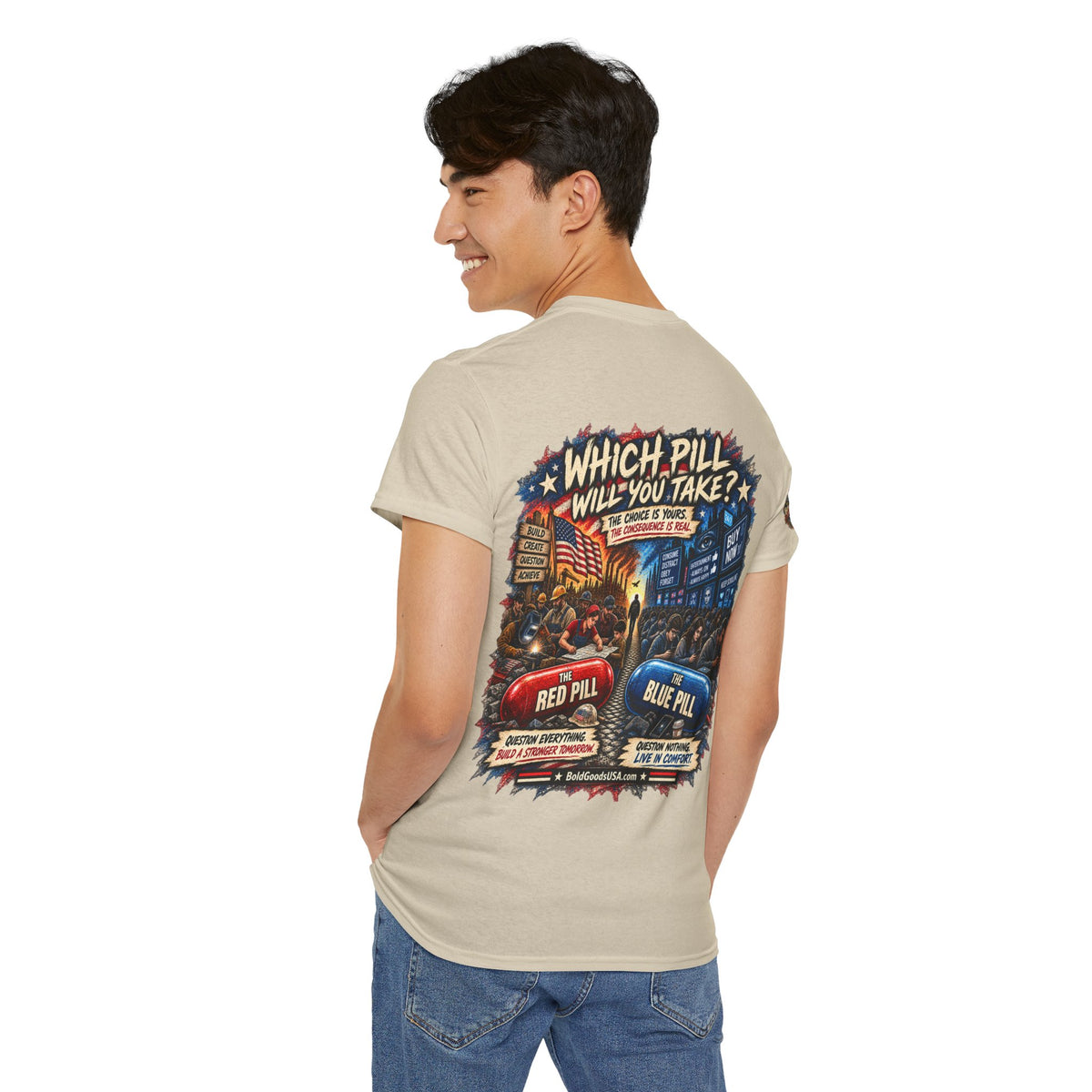 Blue or Red Pill - Graphic T-Shirt | Back Print + Sleeve Logo