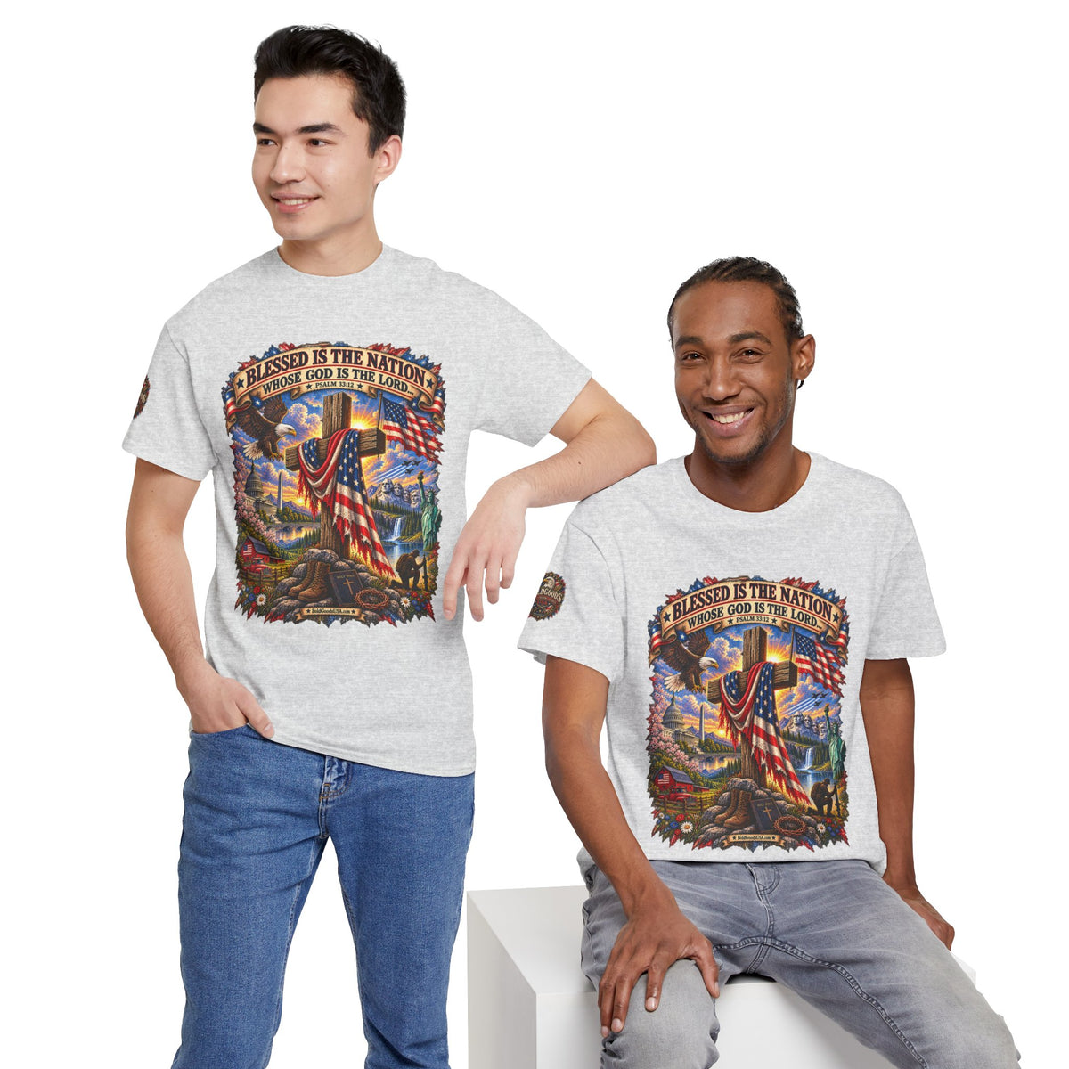 Blessed Is the Nation – Christian Patriotic Graphic T-Shirt | Front Print + Sleeve Logo