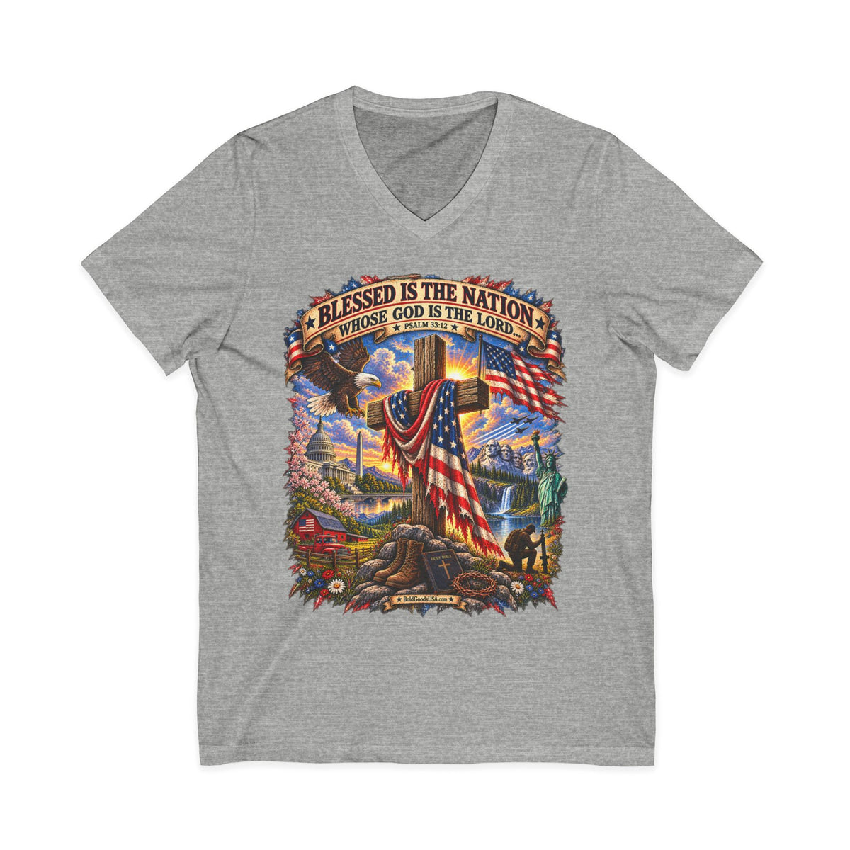 Blessed Is The Nation — Christian Patriotic V-Neck T-Shirt