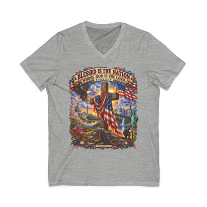 Blessed Is The Nation — Christian Patriotic V-Neck T-Shirt