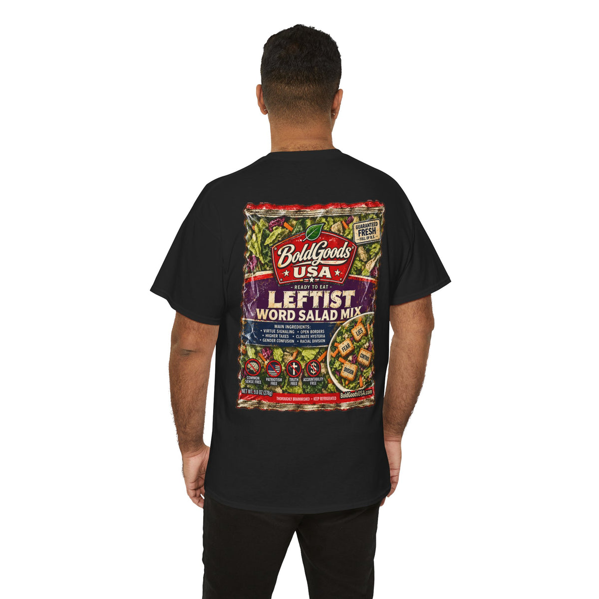 Leftist Word Salad – Political Satire Graphic T-Shirt | Back Print + Chest Logo