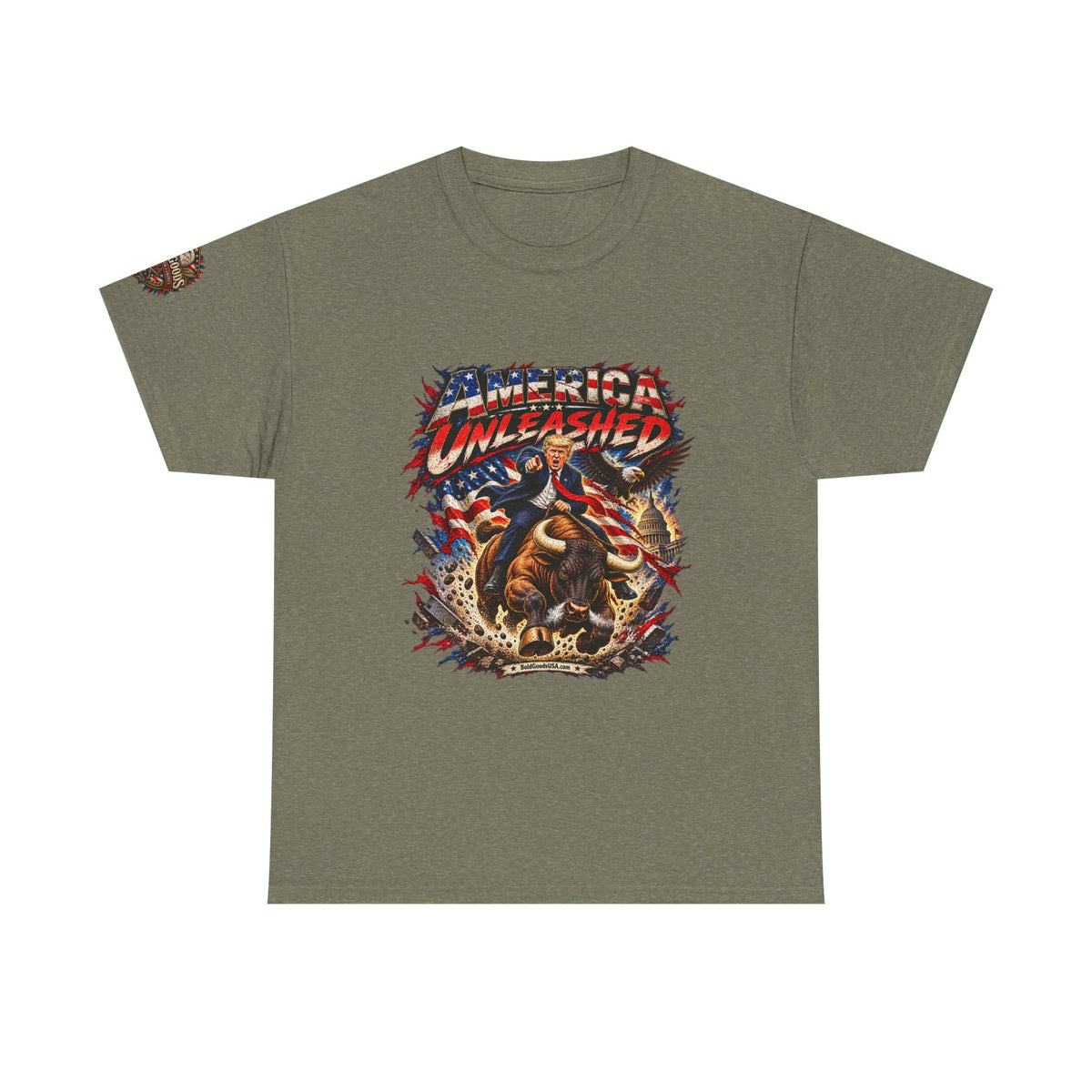 America Unleashed – Patriotic Graphic T-Shirt | Front Print + Sleeve Logo