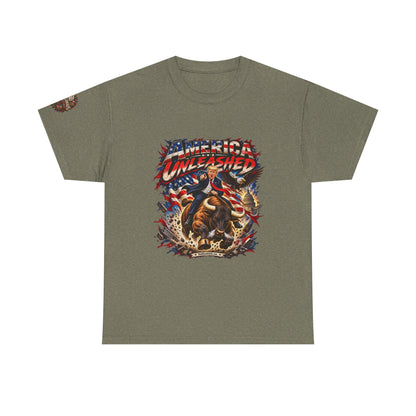 America Unleashed – Patriotic Graphic T-Shirt | Front Print + Sleeve Logo