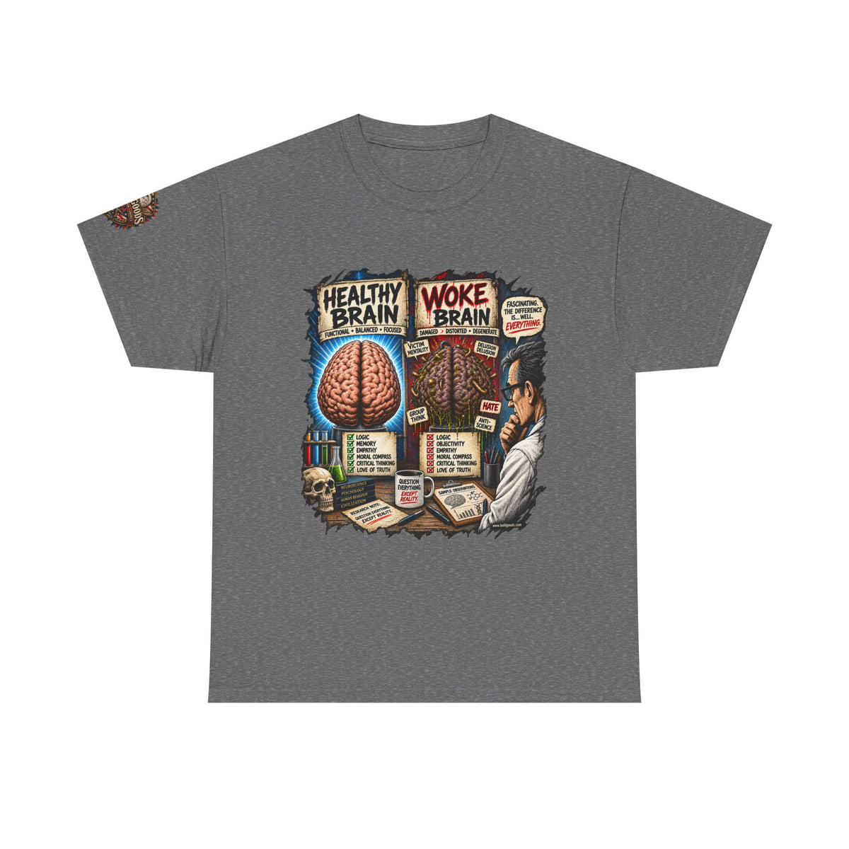 Woke Brain – Political Satire Graphic T-Shirt | Front Print + Sleeve Logo