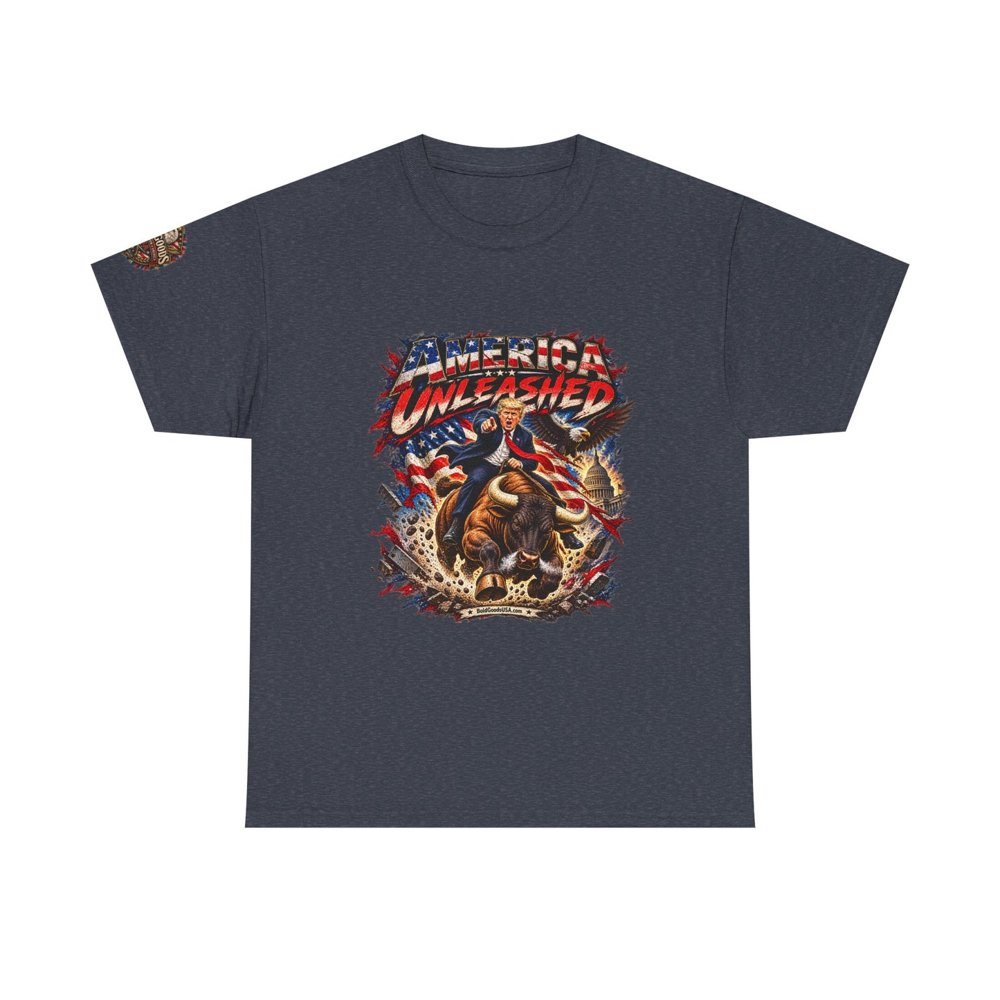 America Unleashed – Patriotic Graphic T-Shirt | Front Print + Sleeve Logo
