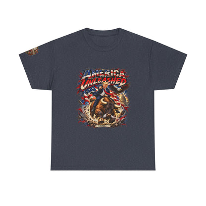 America Unleashed – Patriotic Graphic T-Shirt | Front Print + Sleeve Logo