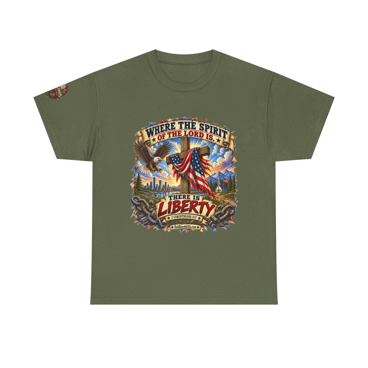 Where the Spirit of the Lord Is… There Is Liberty – Christian Patriotic Graphic T-Shirt | Front Print + Sleeve Logo