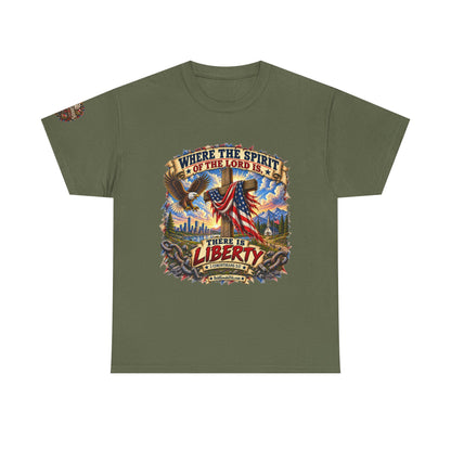Where the Spirit of the Lord Is… There Is Liberty – Christian Patriotic Graphic T-Shirt | Front Print + Sleeve Logo