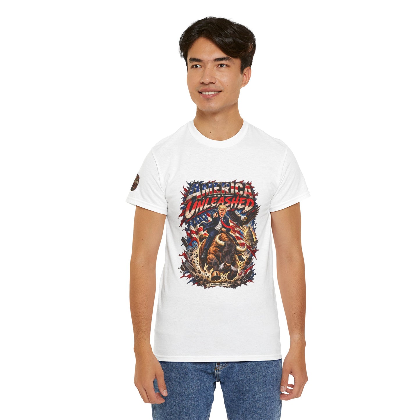 America Unleashed – Patriotic Graphic T-Shirt | Front Print + Sleeve Logo