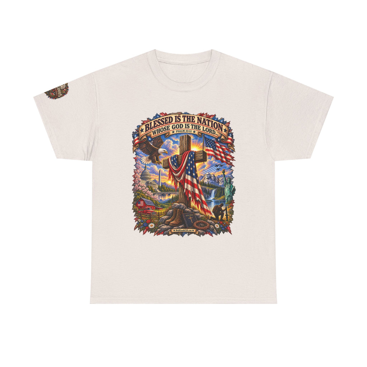 Blessed Is the Nation – Christian Patriotic Graphic T-Shirt | Front Print + Sleeve Logo