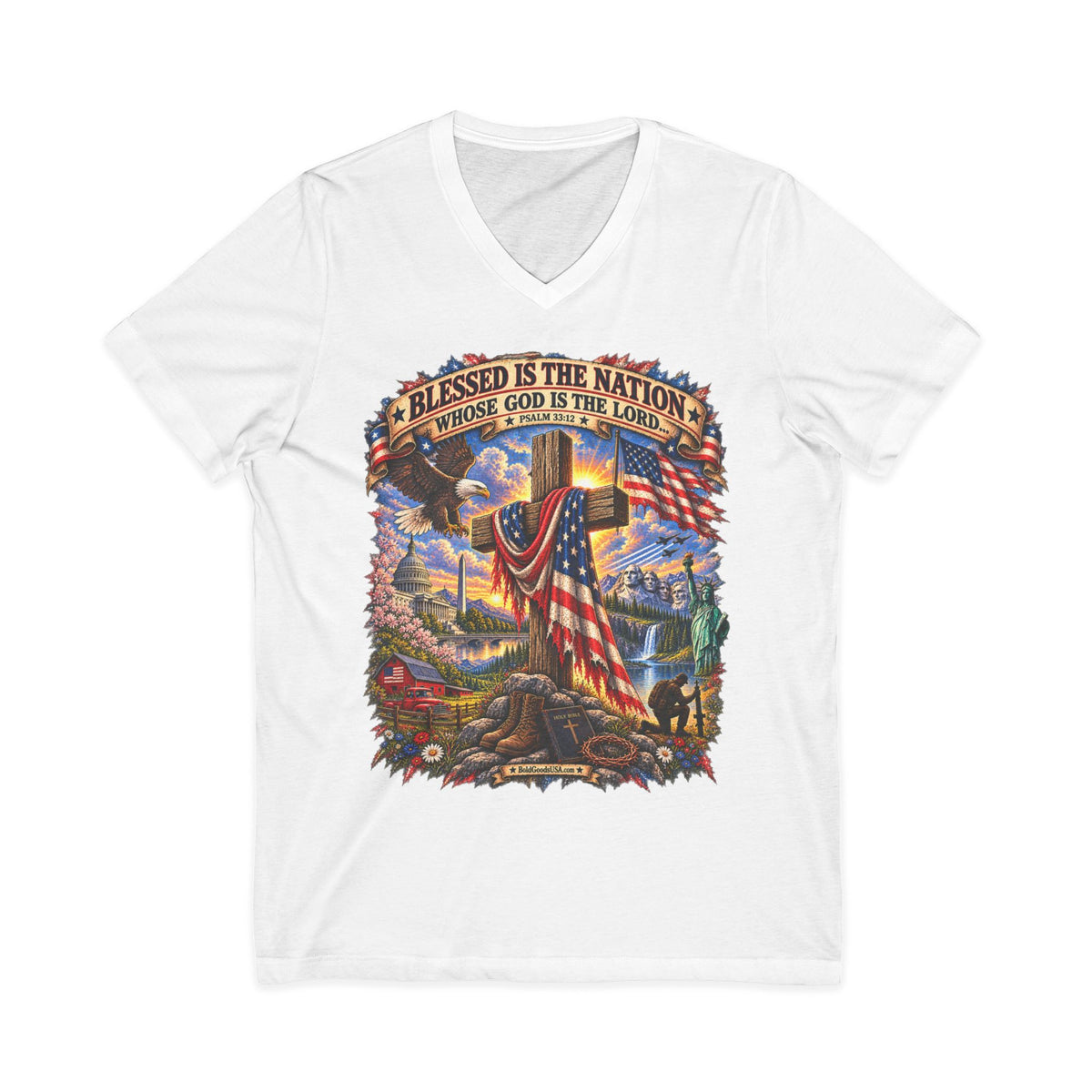 Blessed Is The Nation — Christian Patriotic V-Neck T-Shirt