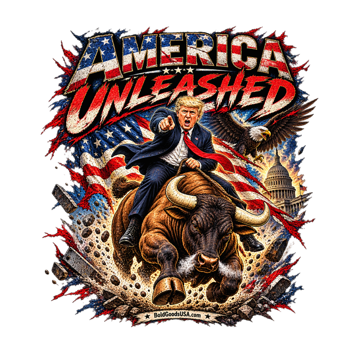 America Unleashed – Patriotic Graphic T-Shirt | Back Print + Chest Logo