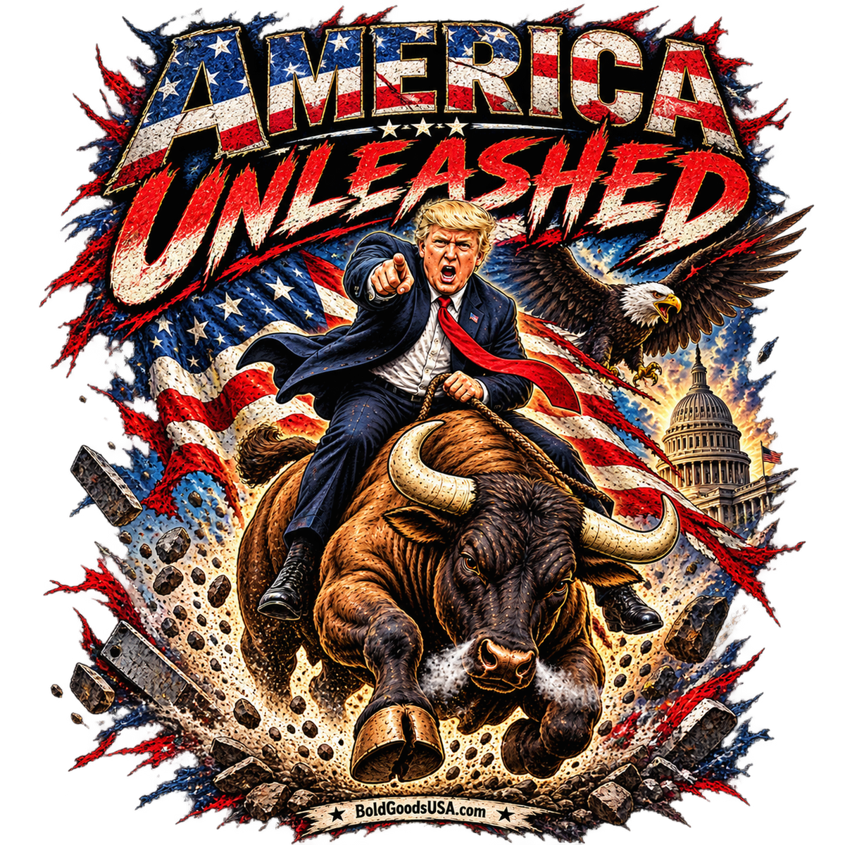 America Unleashed – Patriotic Graphic T-Shirt | Back Print + Chest Logo