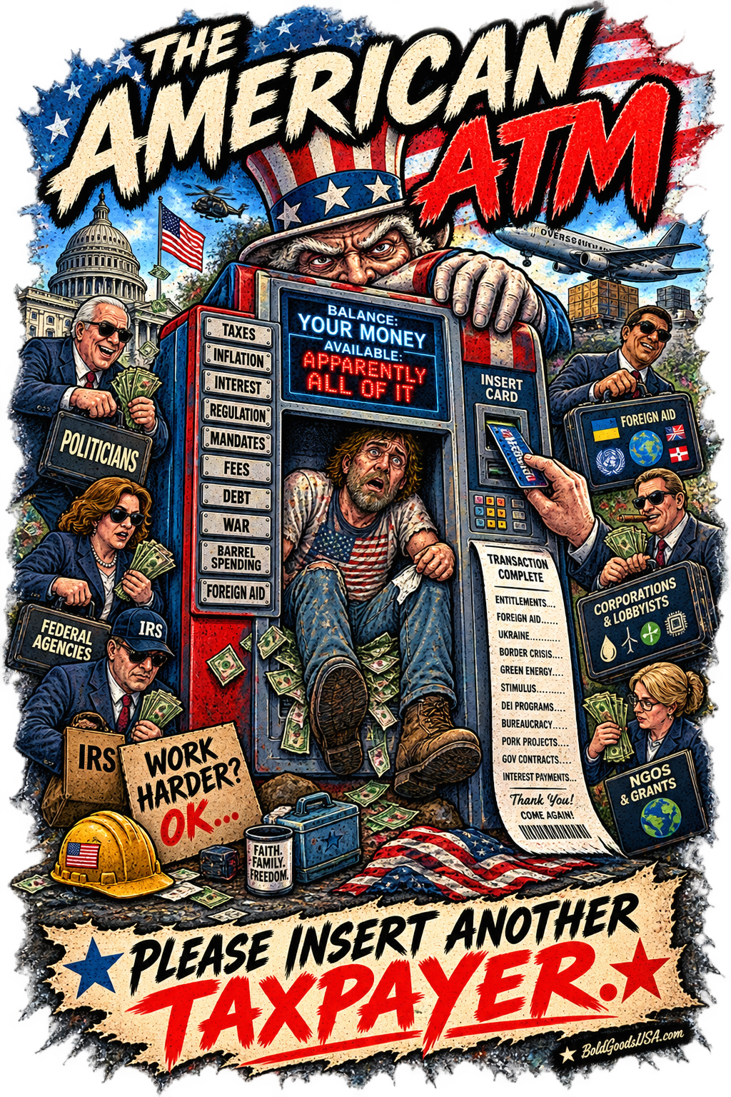 The American ATM - Political Satire Graphic T-Shirt | Front Print + Sleeve Logo