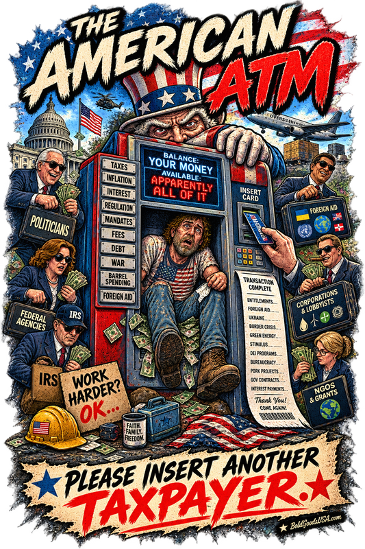 The American ATM - Political Satire Graphic T-Shirt | Front Print + Sleeve Logo
