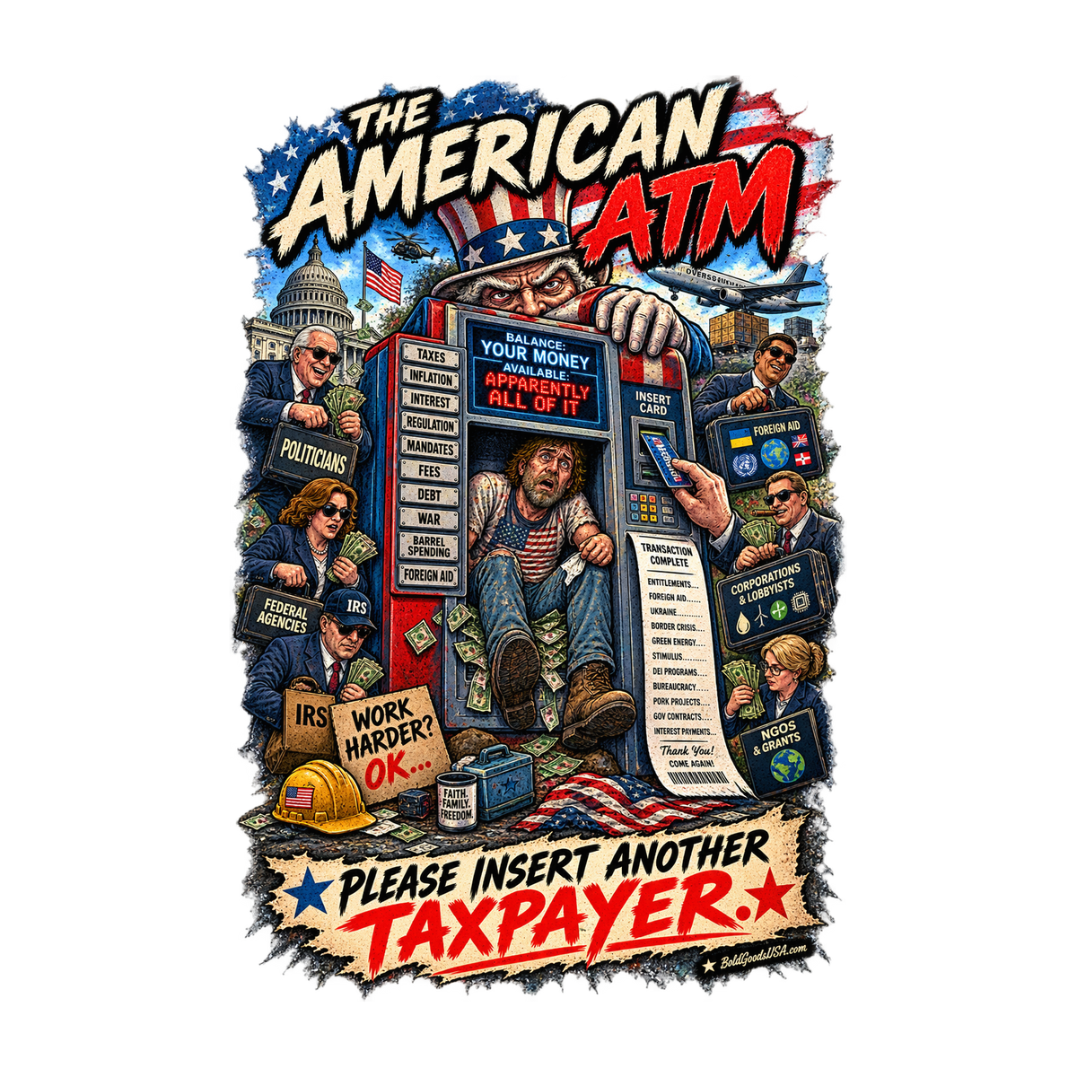 The American ATM - Political Satire Graphic T-Shirt | Front Print + Sleeve Logo