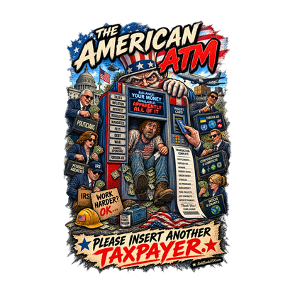The American ATM - Political Satire Graphic T-Shirt | Front Print + Sleeve Logo