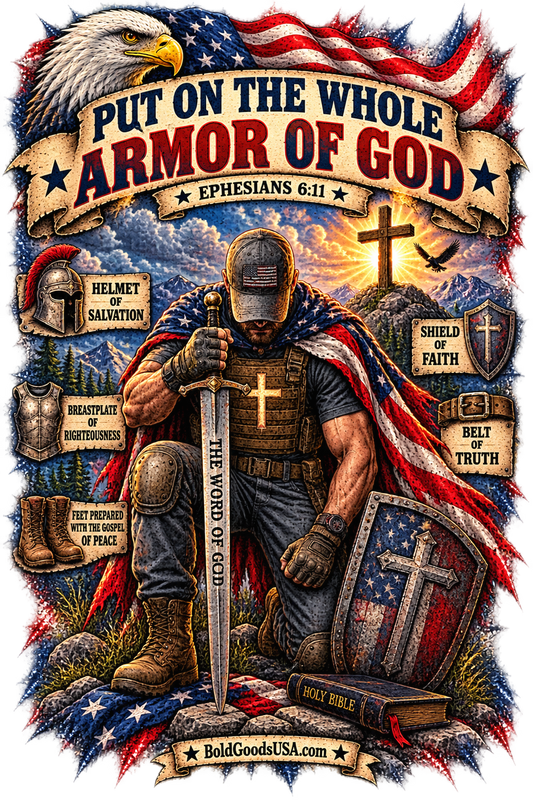 Armor of God – Christian Patriotic Graphic T-Shirt | Front Print + Sleeve Logo