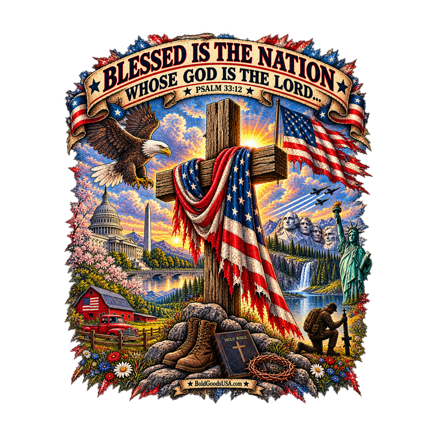 Blessed Is the Nation – Christian Patriotic Graphic T-Shirt | Front Print + Sleeve Logo
