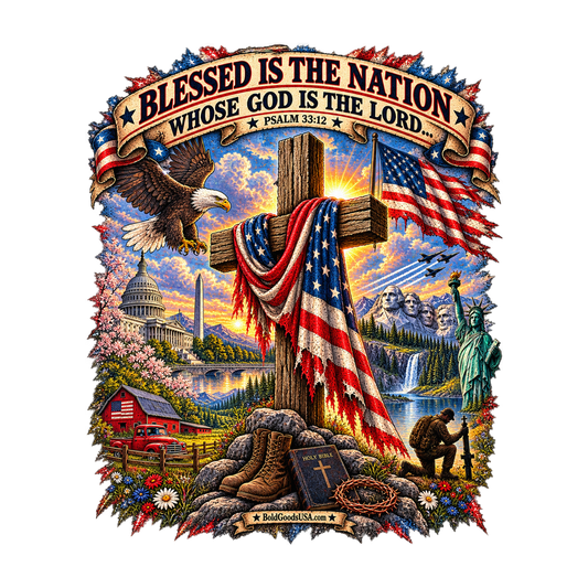 Blessed Is the Nation – Christian Patriotic Graphic T-Shirt | Front Print + Sleeve Logo