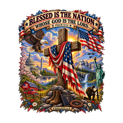 Blessed Is The Nation — Christian Patriotic V-Neck T-Shirt